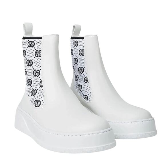 Gucci Platform 38.5/ US 8.5 GG Supreme Leather Chelsea Boots White NWB $1,100 - Picture 1 of 10